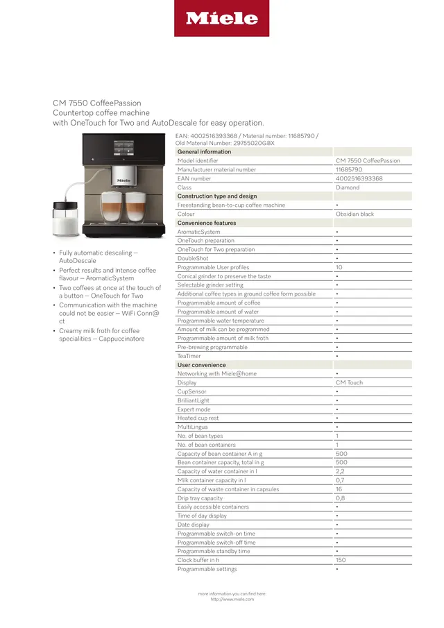 Miele CM 7550 CoffeePassion 全自动咖啡机官方资料图